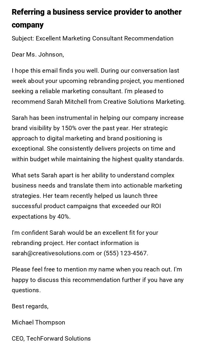 Referring a business service provider to another company Referring a business service provider to another company