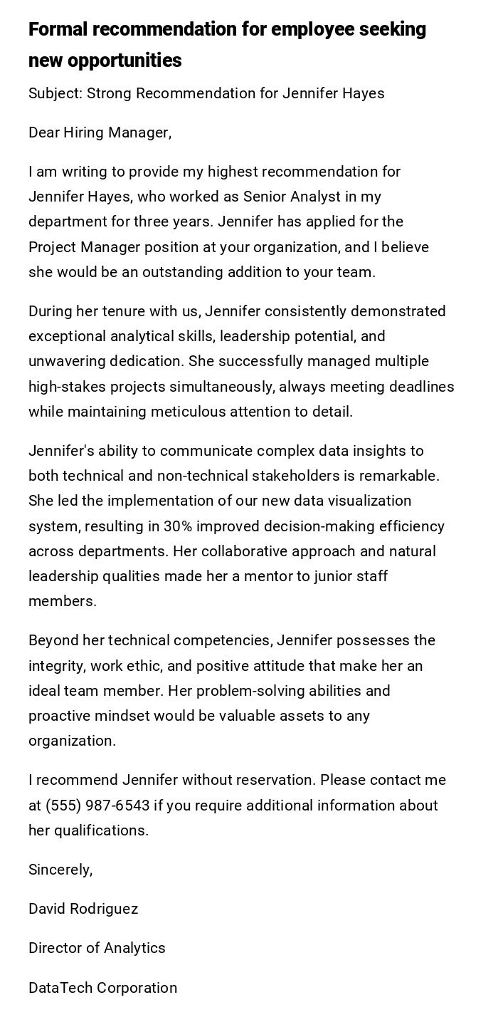 Formal recommendation for employee seeking new opportunities Formal recommendation for employee seeking new opportunities