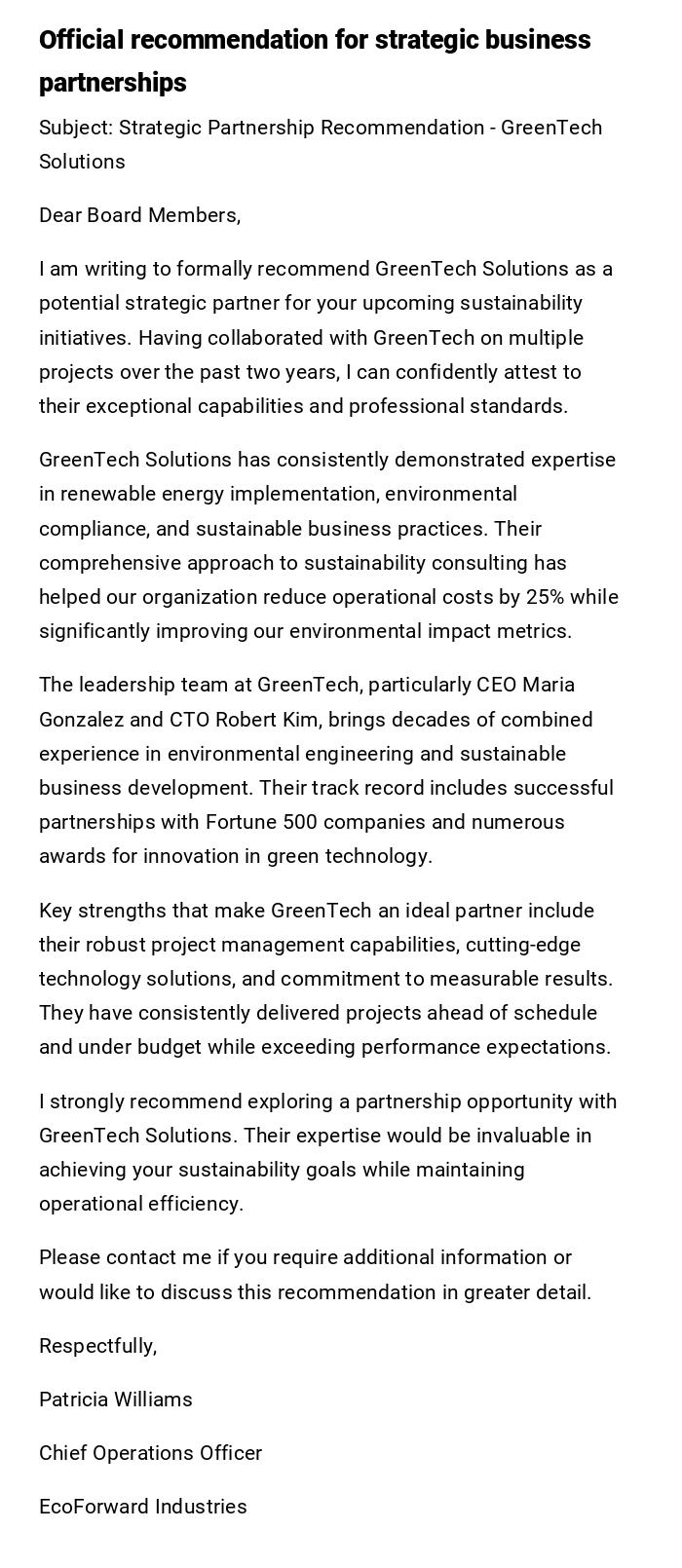 Official recommendation for strategic business partnerships Official recommendation for strategic business partnerships