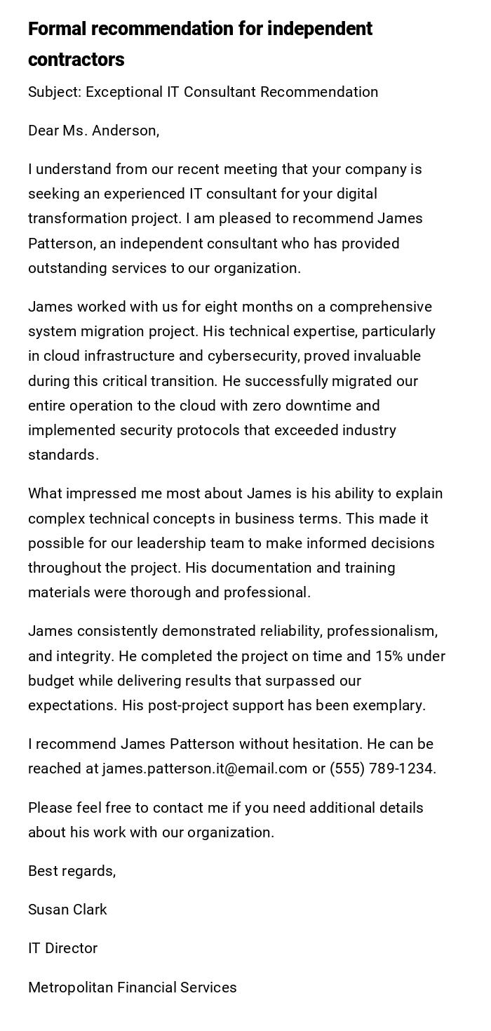 Formal recommendation for independent contractors Formal recommendation for independent contractors