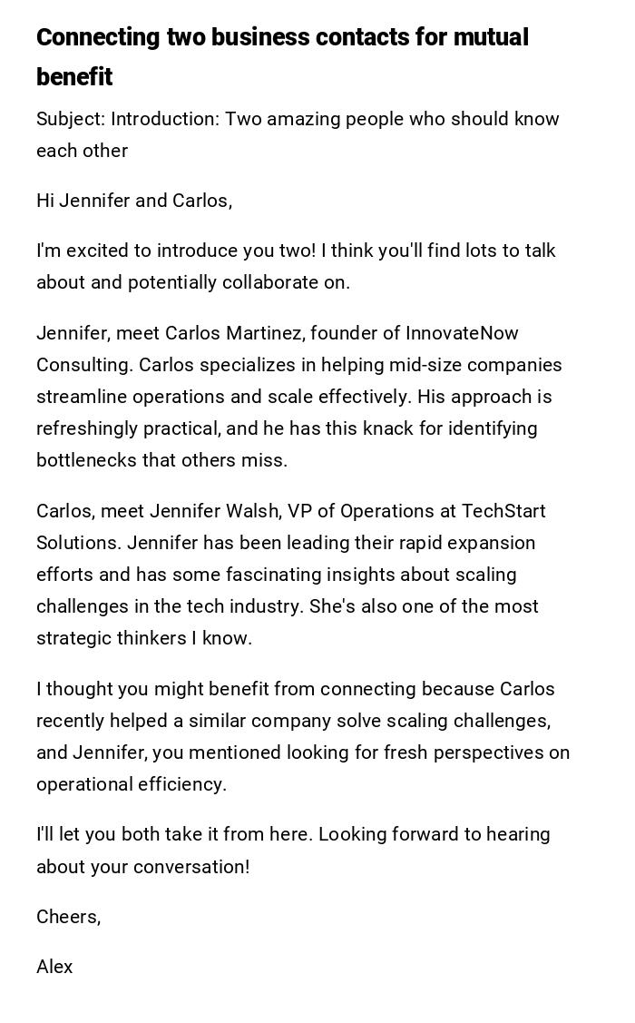 Connecting two business contacts for mutual benefit Connecting two business contacts for mutual benefit