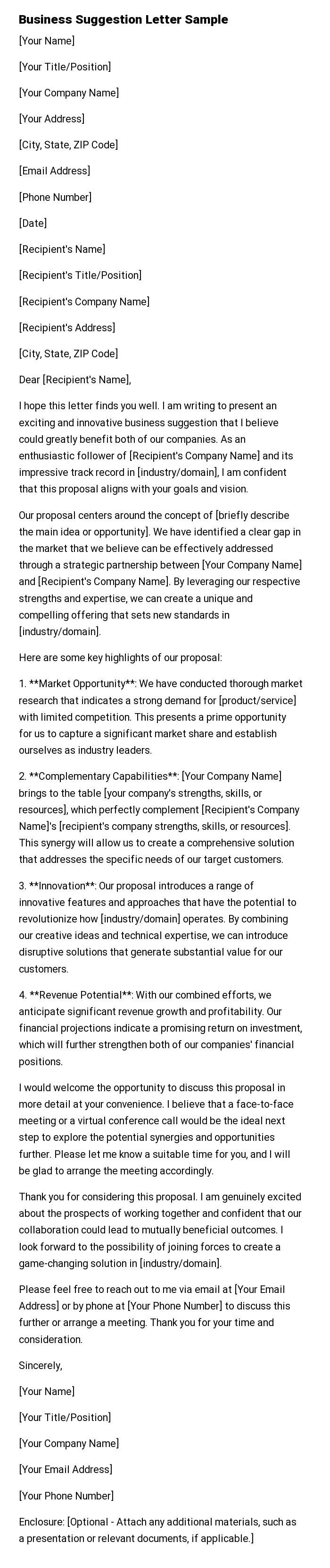 Business Suggestion Letter Sample