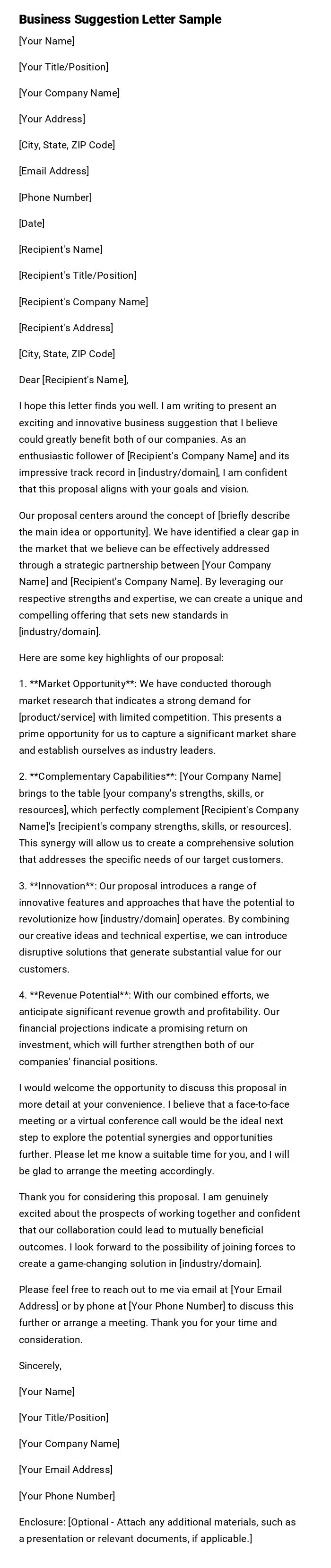 Business Suggestion Letter Sample