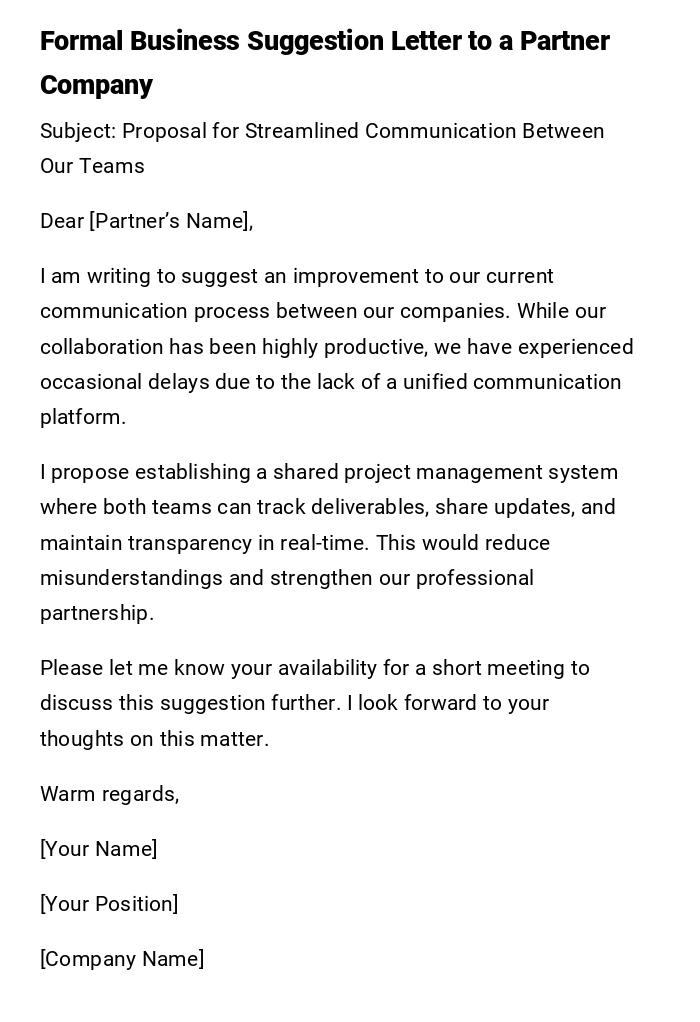Formal Business Suggestion Letter to a Partner Company Formal Business Suggestion Letter to a Partner Company