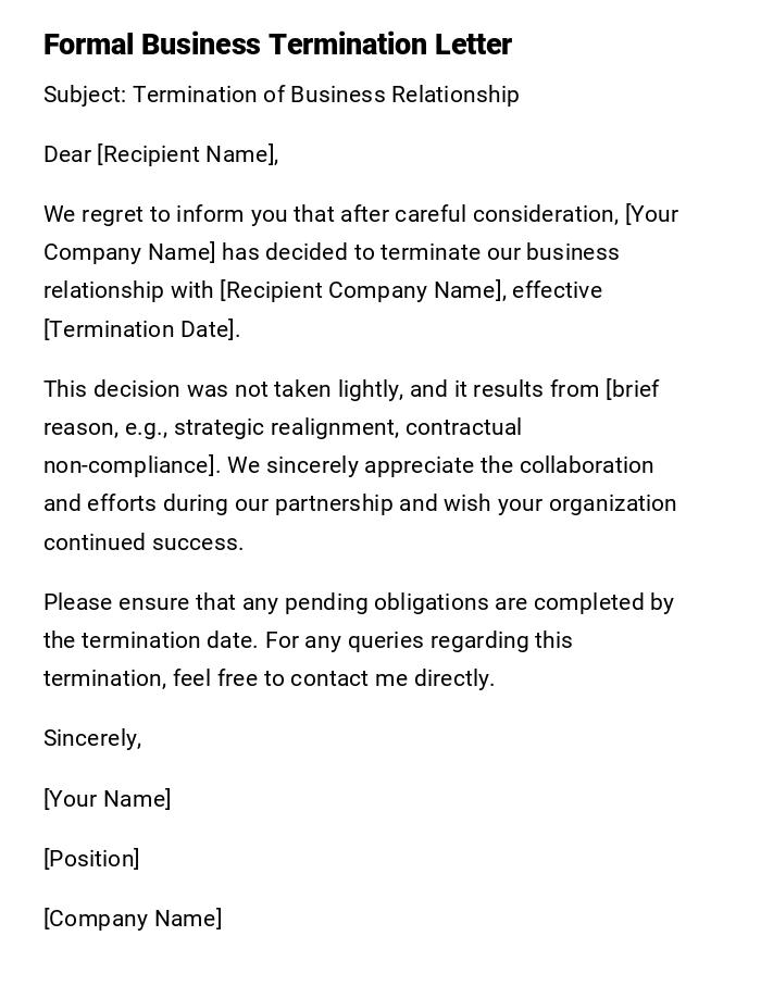 Formal Business Termination Letter Formal Business Termination Letter