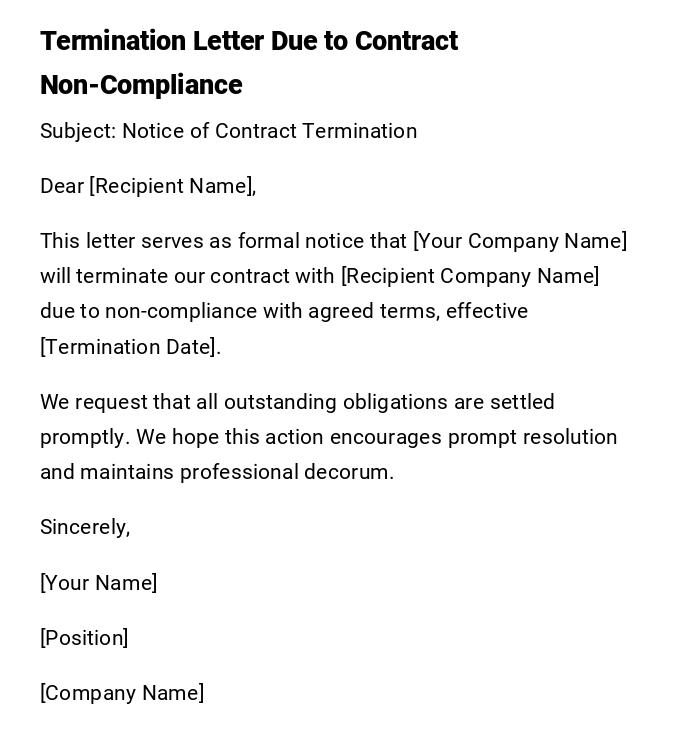 Termination Letter Due to Contract Non-Compliance Termination Letter Due to Contract Non-Compliance