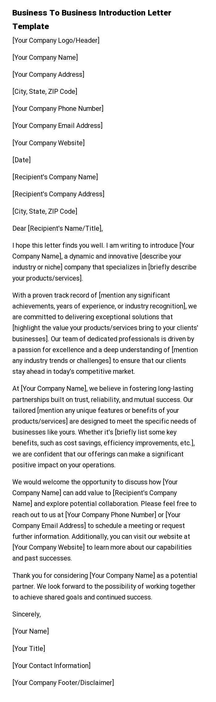 Business To Business Introduction Letter Template