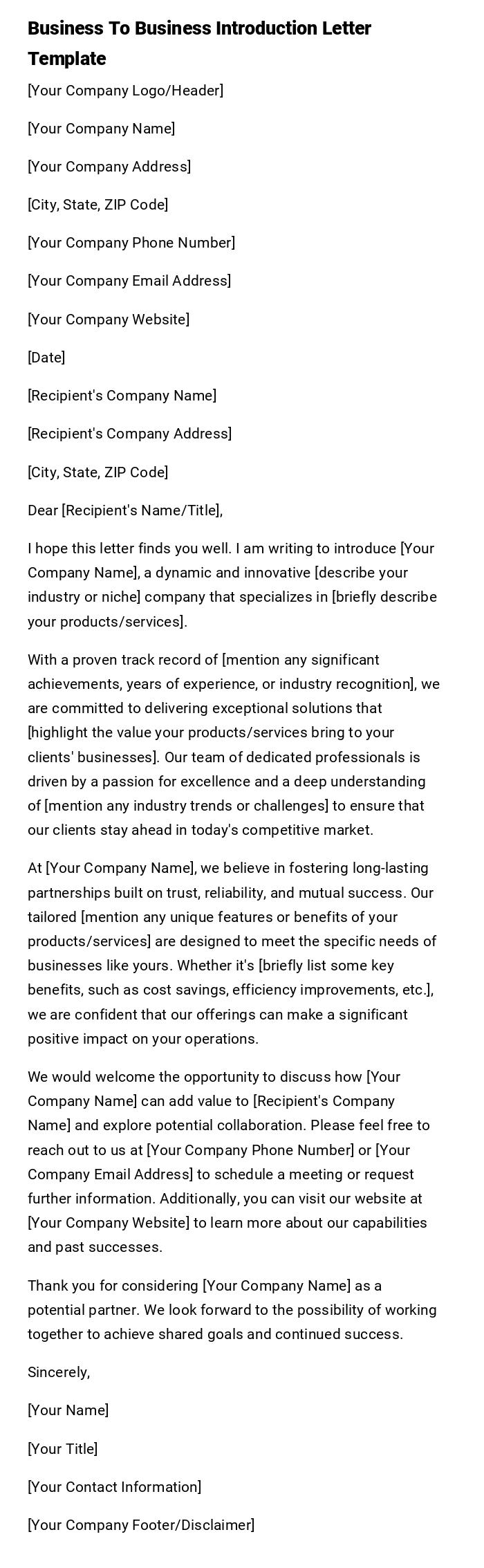 Business To Business Introduction Letter Template