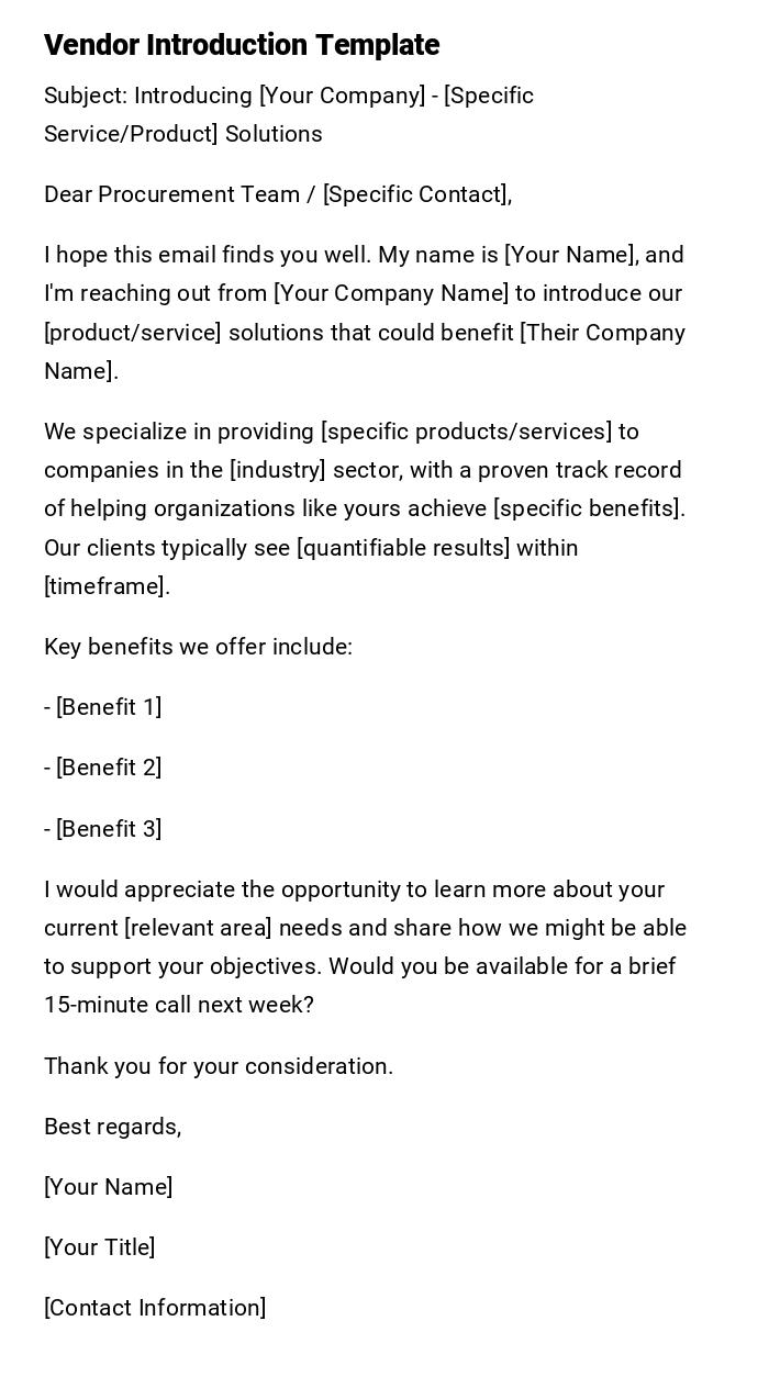 Vendor Introduction Template Vendor Introduction Template