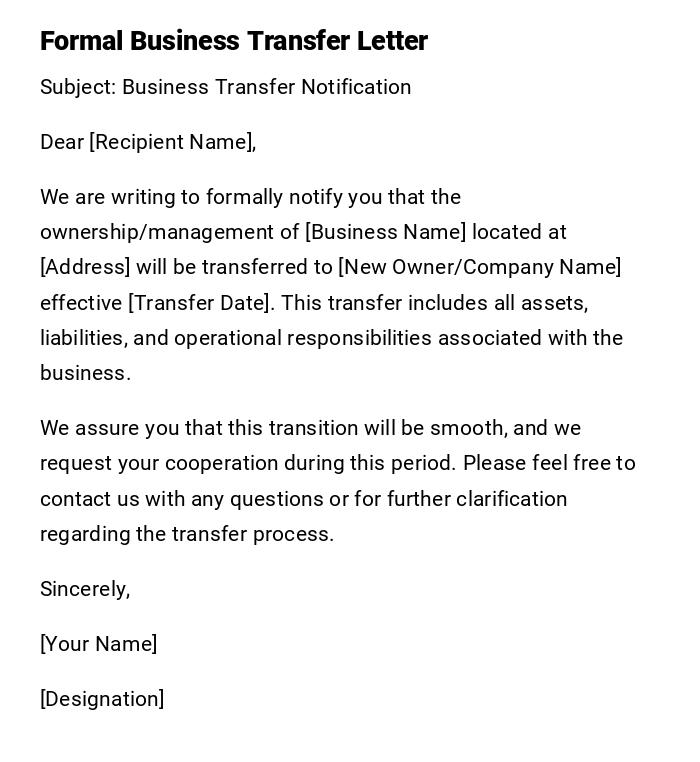 Formal Business Transfer Letter Formal Business Transfer Letter