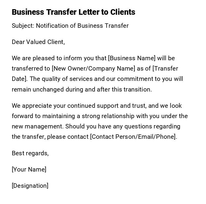 Business Transfer Letter to Clients Business Transfer Letter to Clients