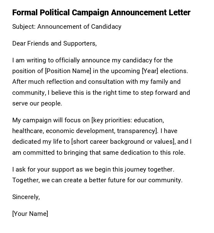 Formal Political Campaign Announcement Letter Formal Political Campaign Announcement Letter