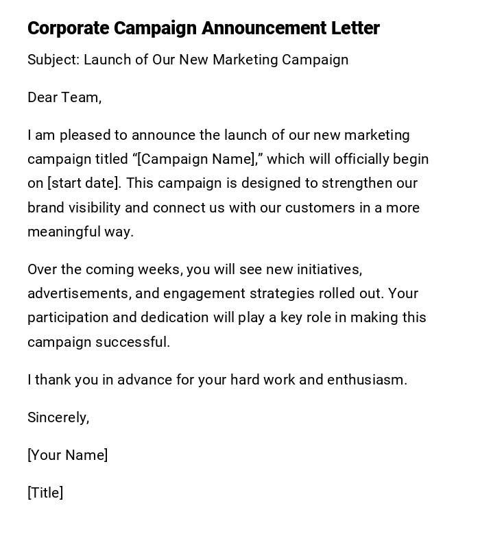 Corporate Campaign Announcement Letter Corporate Campaign Announcement Letter