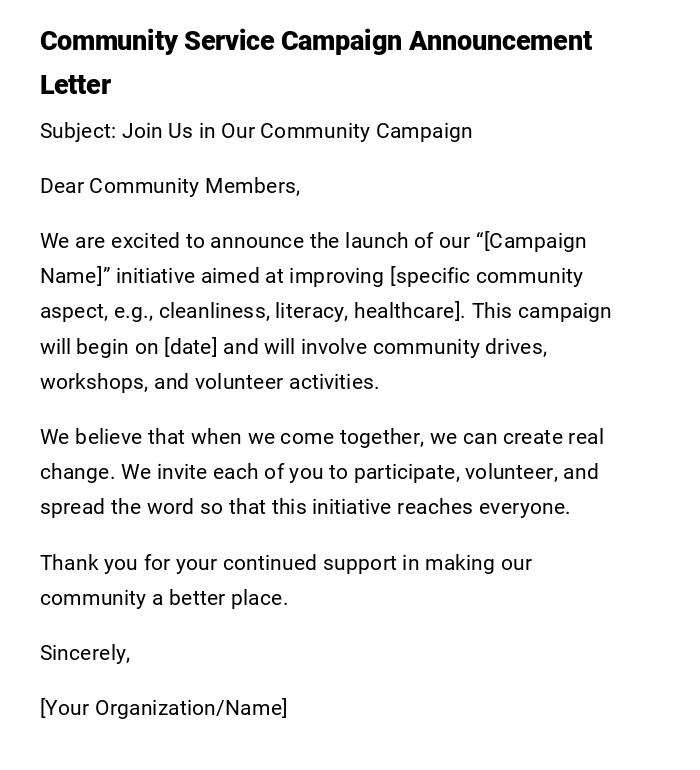 Community Service Campaign Announcement Letter Community Service Campaign Announcement Letter