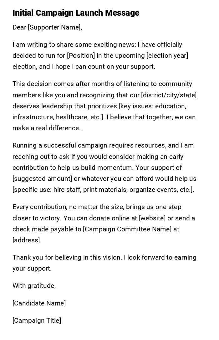 Initial Campaign Launch Message Initial Campaign Launch Message