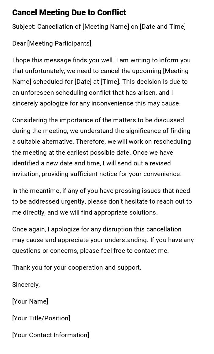 Cancel Meeting Due to Conflict Cancel Meeting Due to Conflict