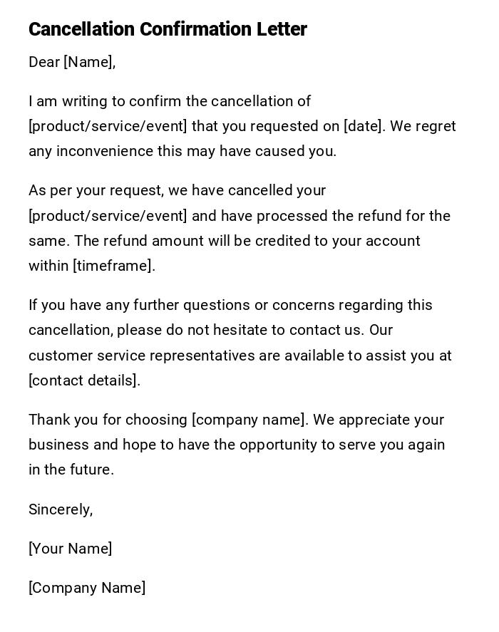 Cancellation Confirmation Letter Cancellation Confirmation Letter