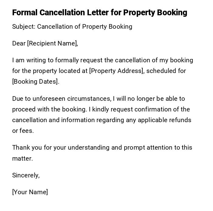 Formal Cancellation Letter for Property Booking Formal Cancellation Letter for Property Booking