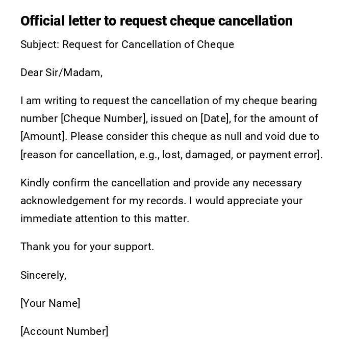 Official letter to request cheque cancellation