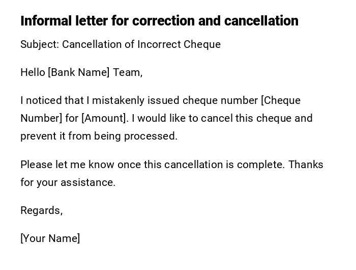 Informal letter for correction and cancellation