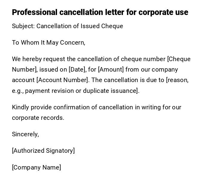 Professional cancellation letter for corporate use