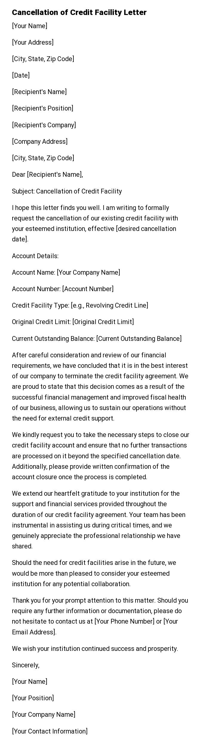 Cancellation of Credit Facility Letter