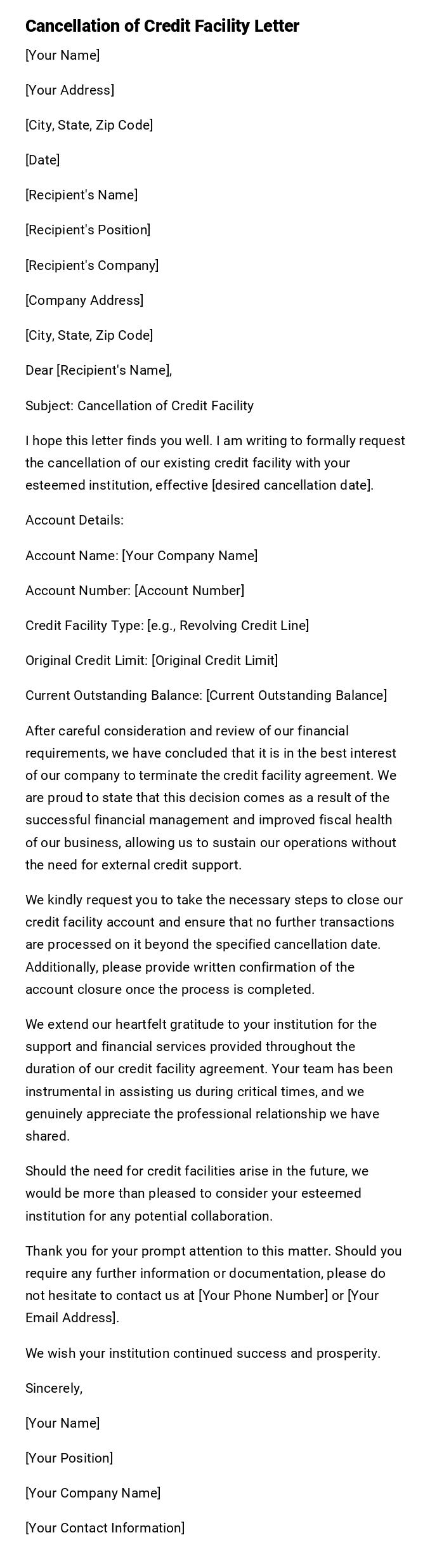 Cancellation of Credit Facility Letter