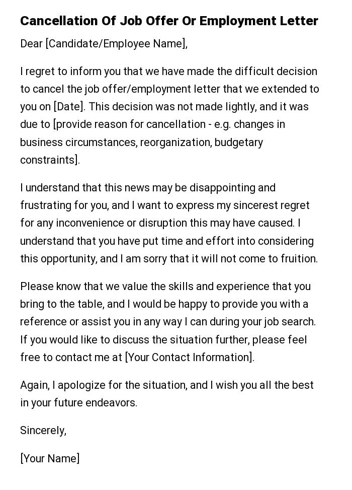 Cancellation Of Job Offer Or Employment Letter