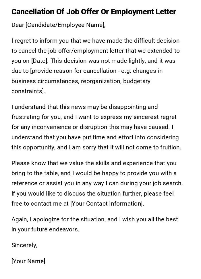 Cancellation Of Job Offer Or Employment Letter