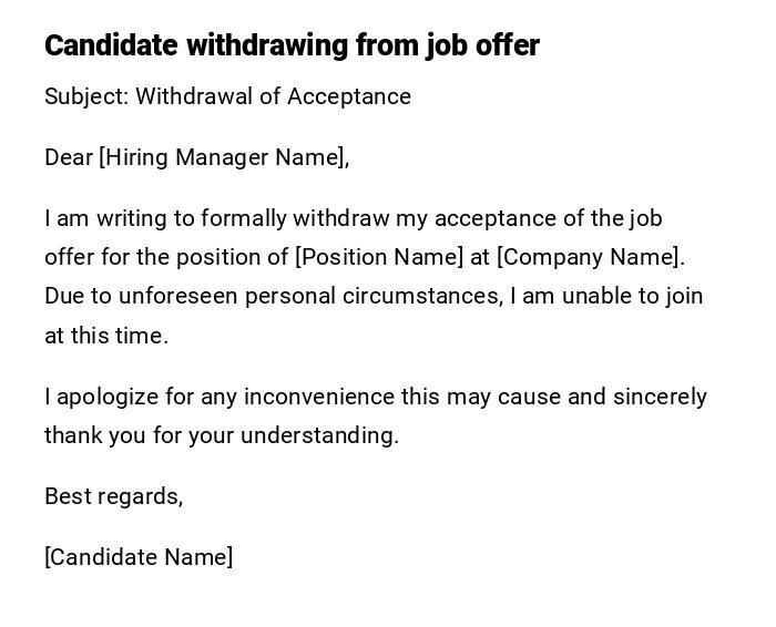 Candidate withdrawing from job offer