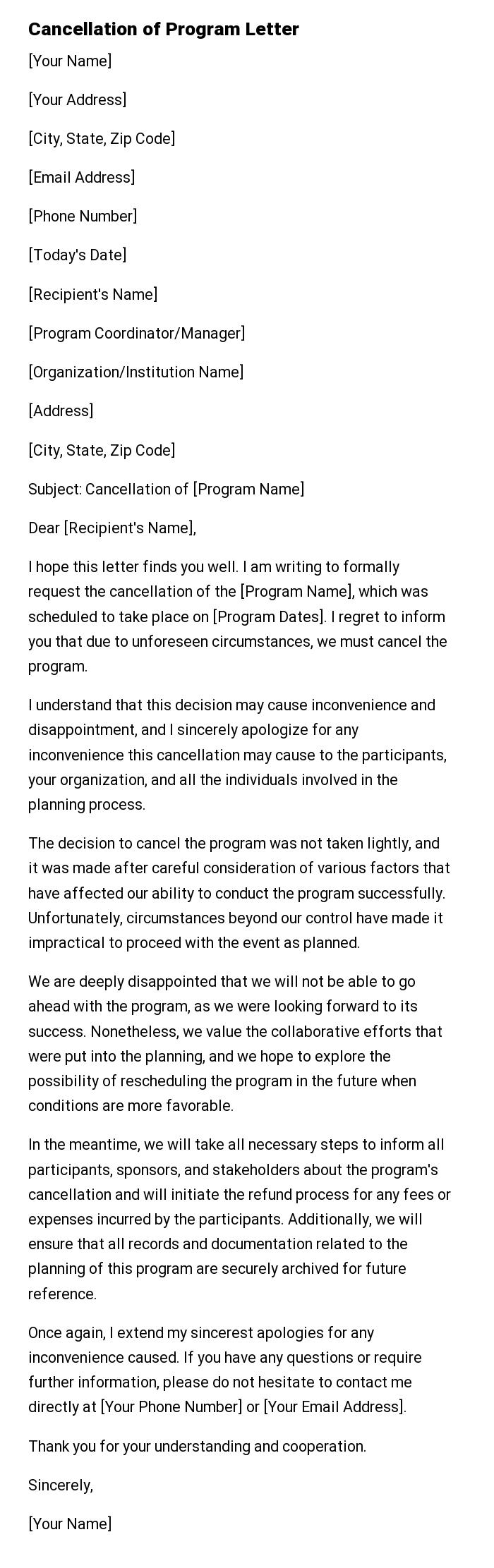 Cancellation of Program Letter