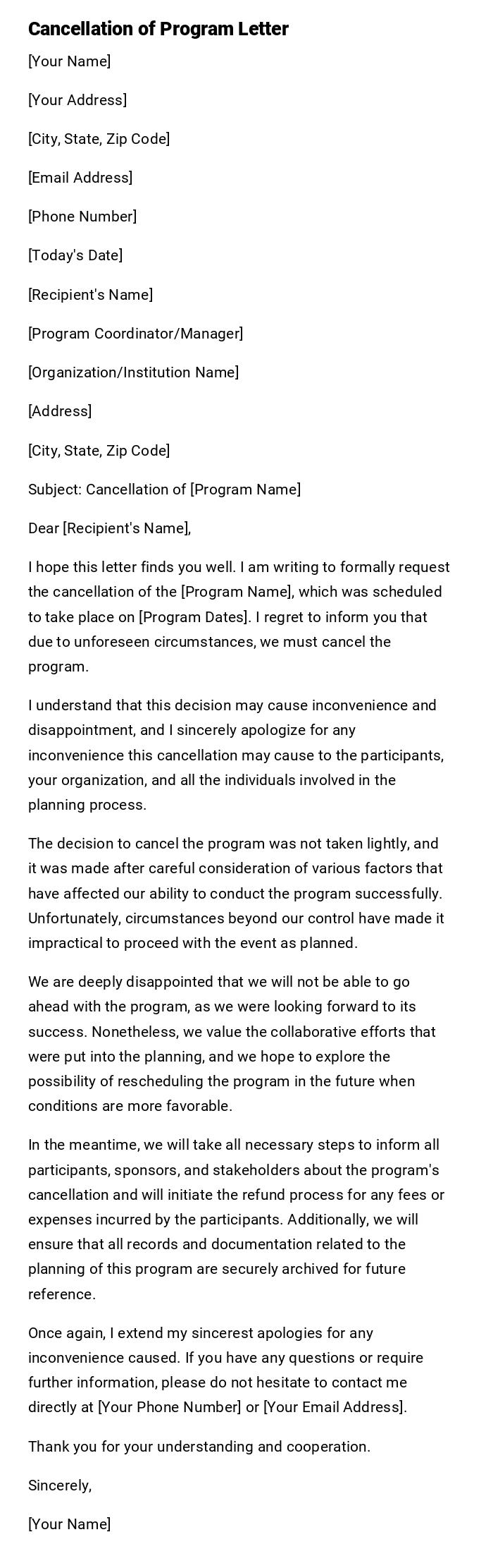 Cancellation of Program Letter