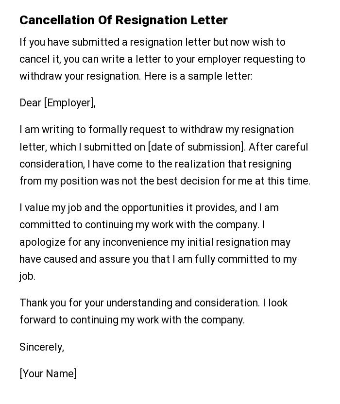 Cancellation Of Resignation Letter