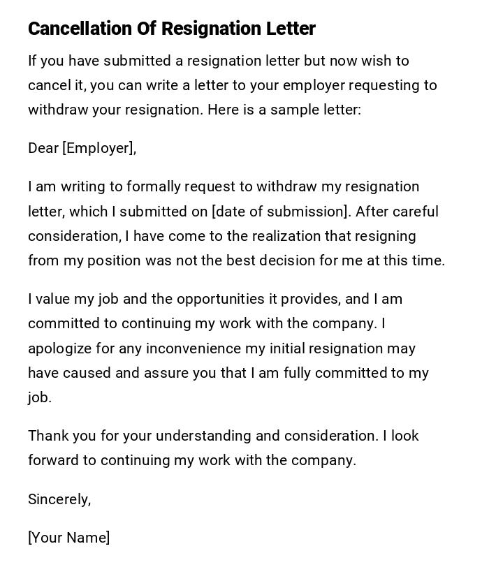 Cancellation Of Resignation Letter