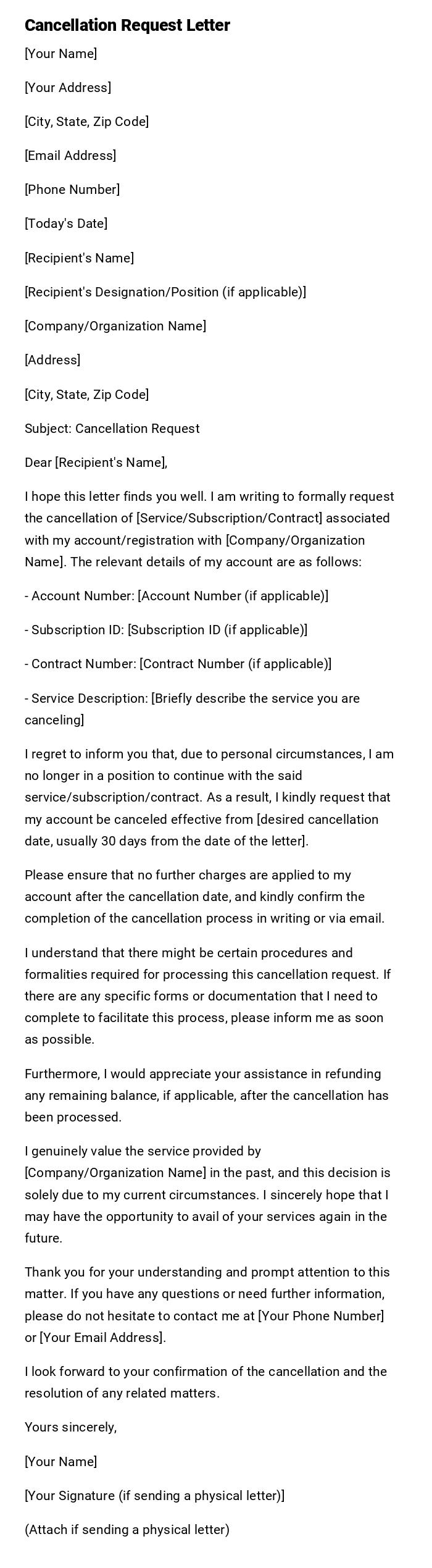 Cancellation Request Letter Cancellation Request Letter