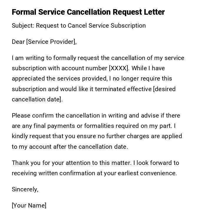 Formal Service Cancellation Request Letter Formal Service Cancellation Request Letter