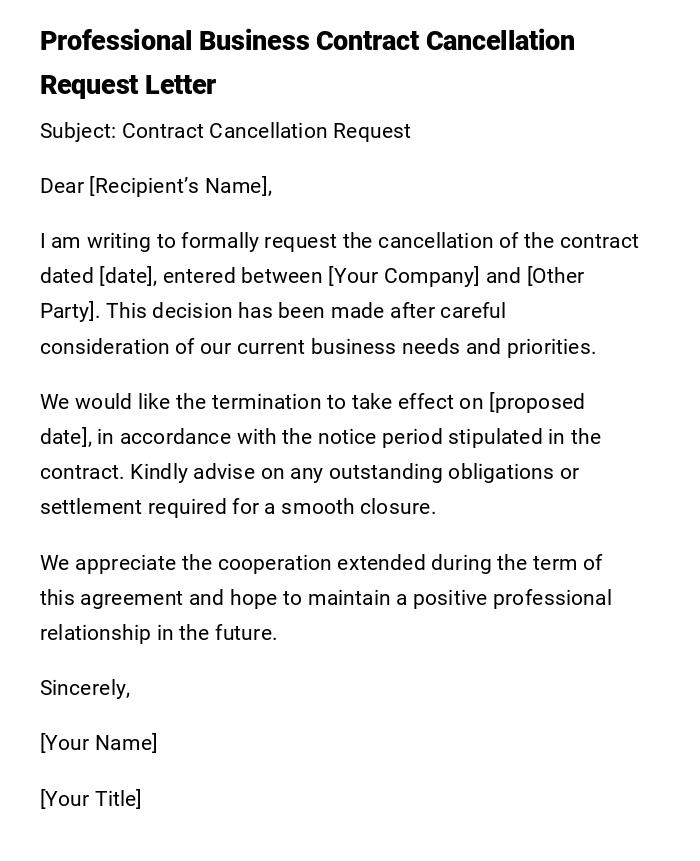 Professional Business Contract Cancellation Request Letter Professional Business Contract Cancellation Request Letter