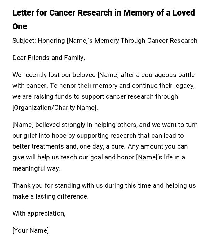 Letter for Cancer Research in Memory of a Loved One
