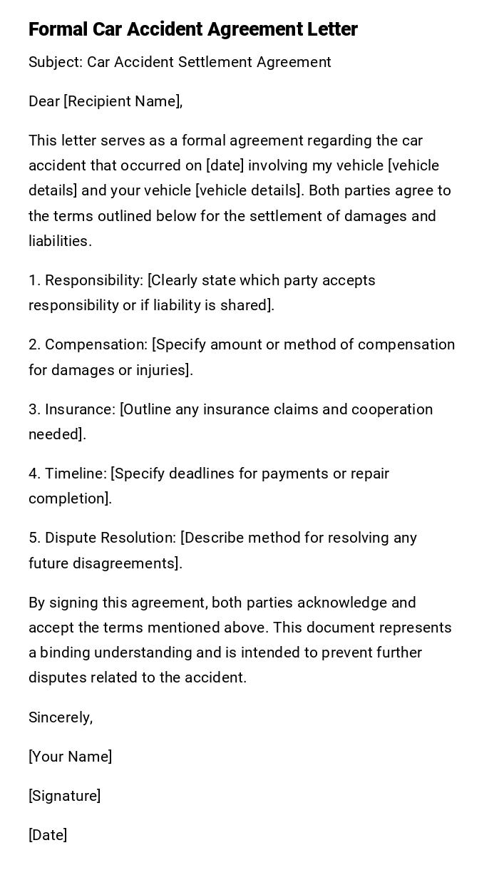 Formal Car Accident Agreement Letter