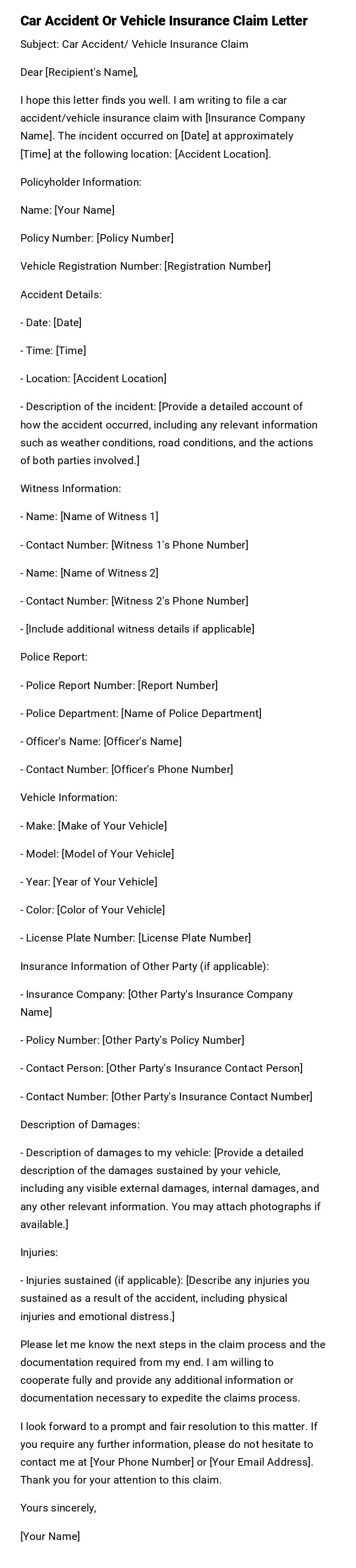 Car Accident Or Vehicle Insurance Claim Letter