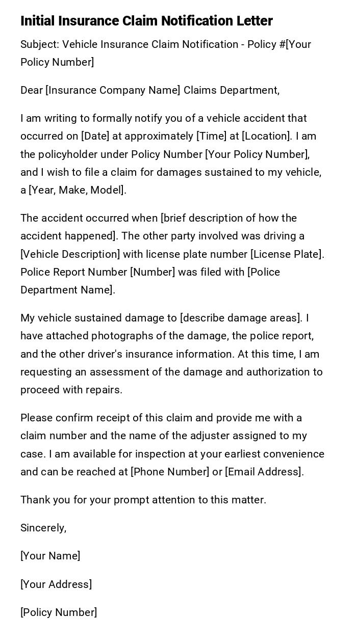 Initial Insurance Claim Notification Letter