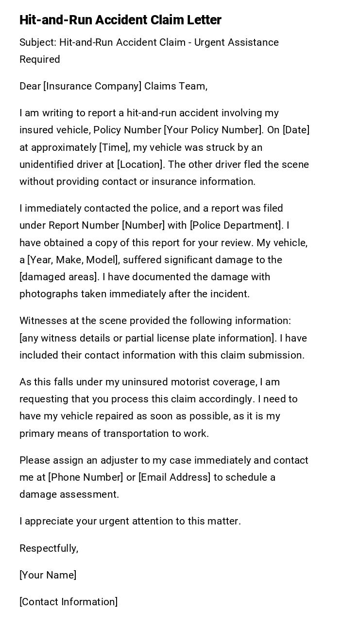 Hit-and-Run Accident Claim Letter