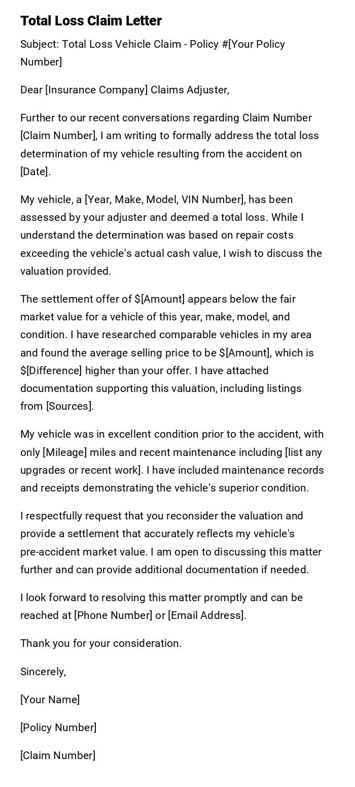 Total Loss Claim Letter