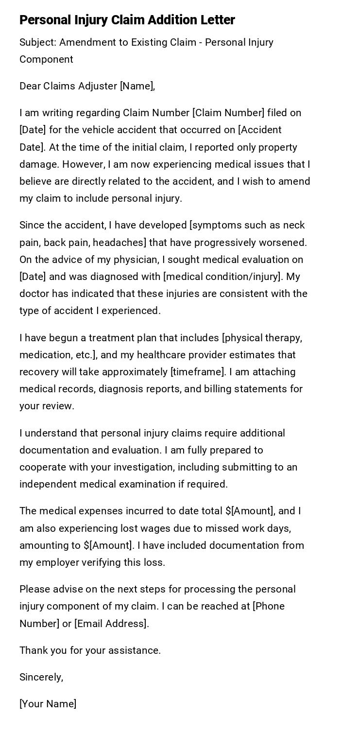 Personal Injury Claim Addition Letter