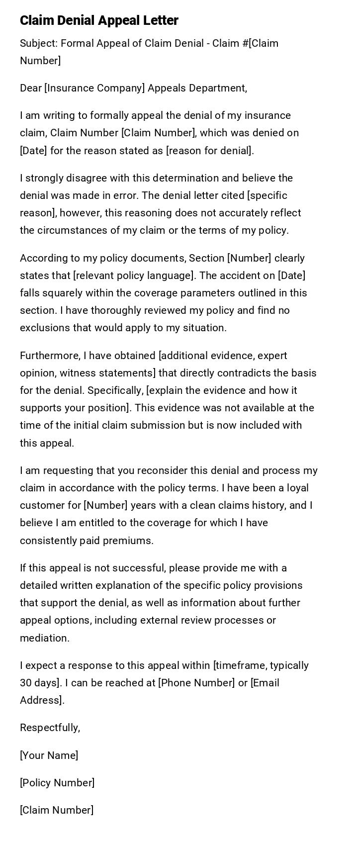 Claim Denial Appeal Letter