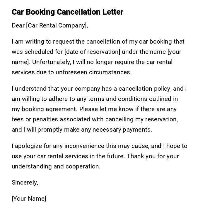 Car Booking Cancellation Letter