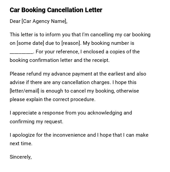 Car Booking Cancellation Letter
