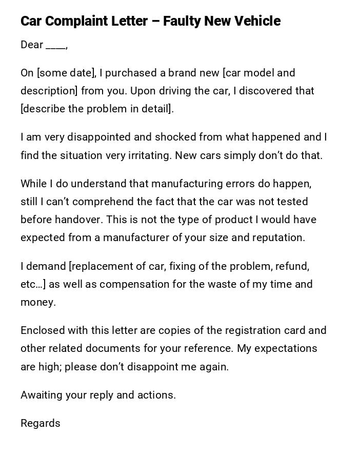 Car Complaint Letter – Faulty New Vehicle