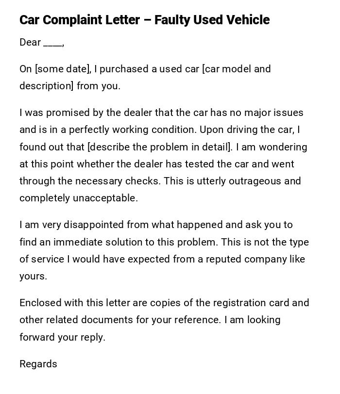 Car Complaint Letter – Faulty Used Vehicle