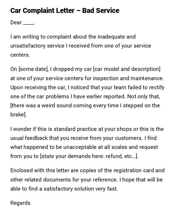 Car Complaint Letter – Bad Service